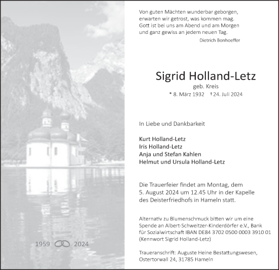 Traueranzeige von Sigrid Holland-Letz von Deister- und Weserzeitung