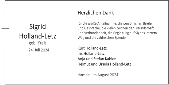 Traueranzeige von Sigrid Holland-Letz von Deister- und Weserzeitung