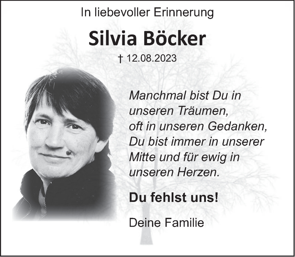  Traueranzeige für Silvia Böcker vom 10.08.2024 aus Deister- und Weserzeitung