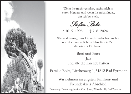 Traueranzeige von Stefan Bolte von Deister- und Weserzeitung