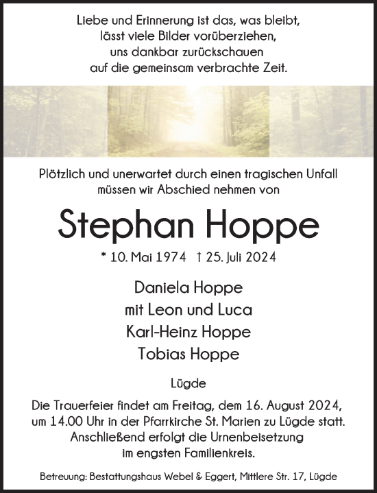 Traueranzeige von Stephan Hoppe von Deister- und Weserzeitung