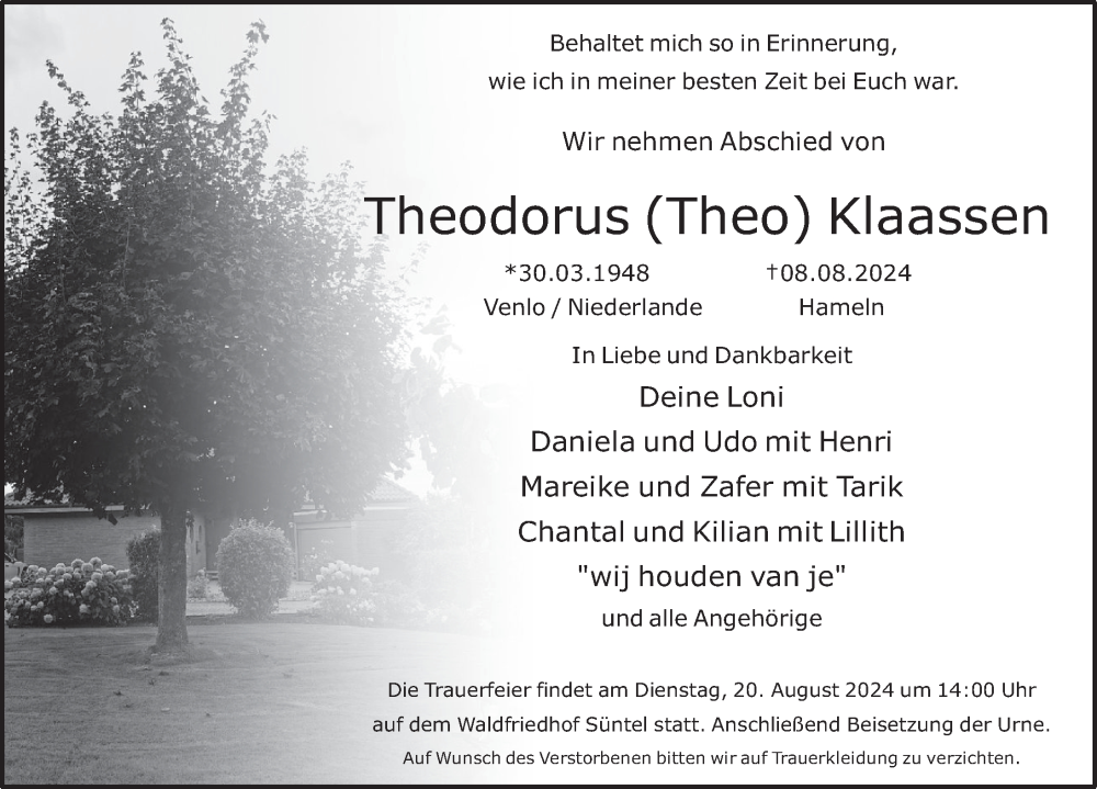  Traueranzeige für Theodorus Klaassen vom 17.08.2024 aus Deister- und Weserzeitung