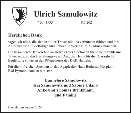 Traueranzeige von Ulrich Samulowitz von Deister- und Weserzeitung