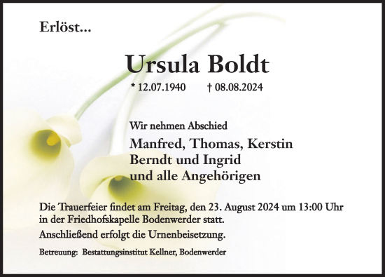 Traueranzeige von Ursula Boldt von Deister- und Weserzeitung