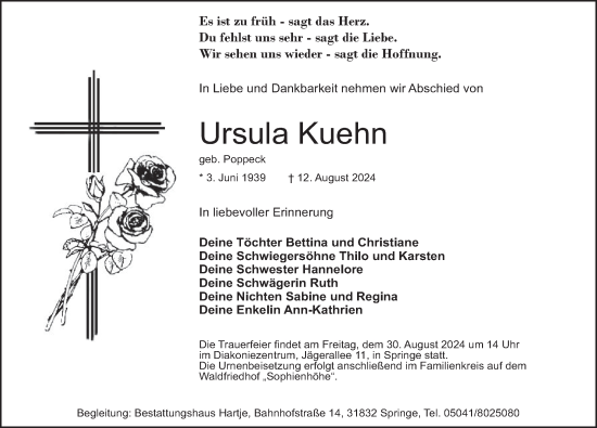 Traueranzeige von Ursula Kuehn von Neue Deister-Zeitung