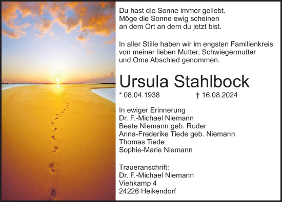Traueranzeige von Ursula Stahlbock von Deister- und Weserzeitung