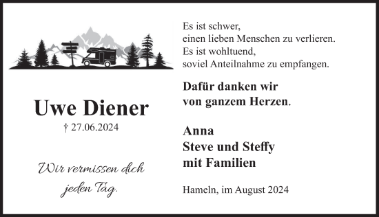 Traueranzeige von Uwe Diener von Deister- und Weserzeitung