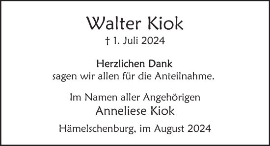Traueranzeige von Walter Kiok von Deister- und Weserzeitung