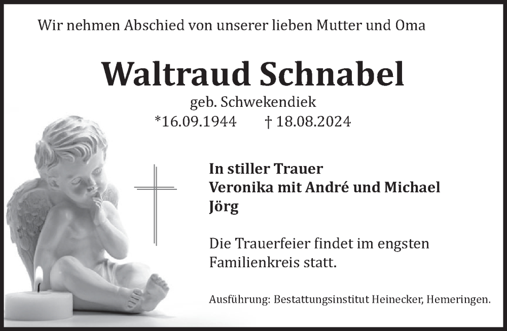  Traueranzeige für Waltraud Schnabel vom 24.08.2024 aus Deister- und Weserzeitung
