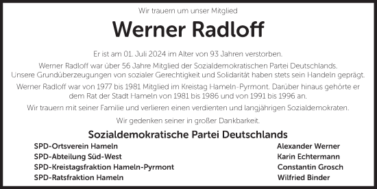 Traueranzeige von Werner Radloff von Deister- und Weserzeitung