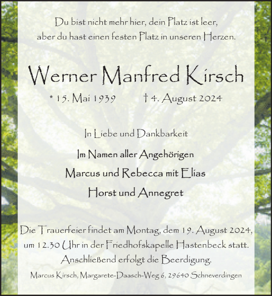 Traueranzeige von Werner Manfred Kirsch von Deister- und Weserzeitung