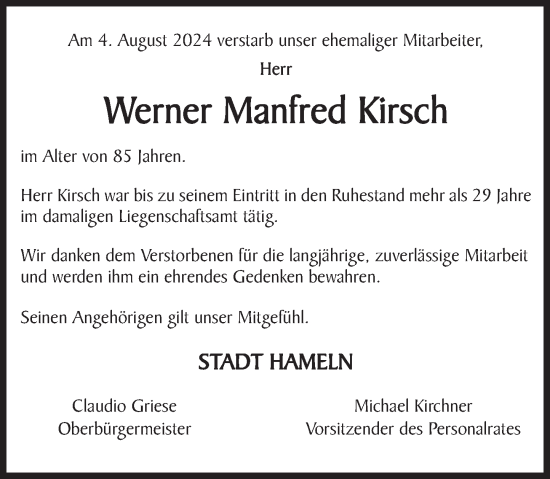 Traueranzeige von Werner Manfred Kirsch von Deister- und Weserzeitung