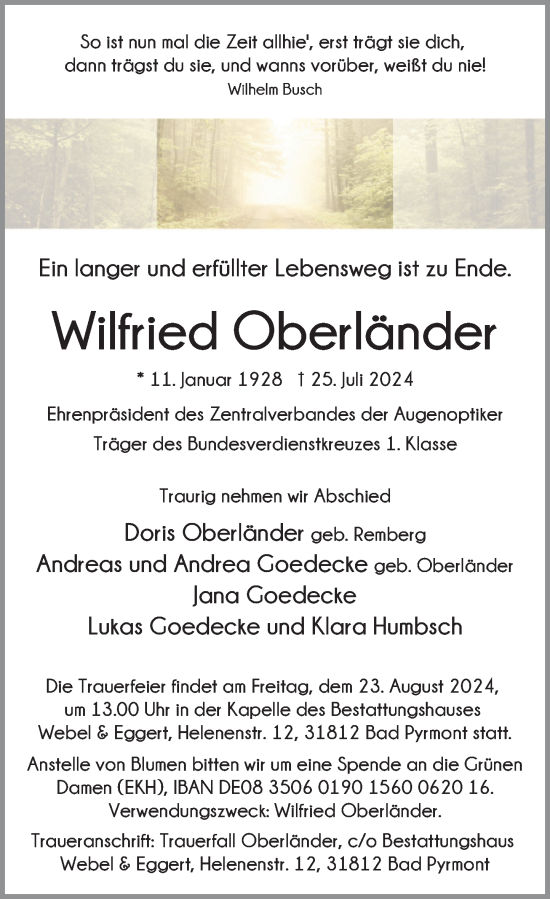 Traueranzeige von Wilfried Oberländer von Deister- und Weserzeitung