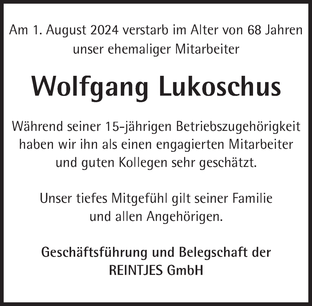  Traueranzeige für Wolfgang Lukoschus vom 24.08.2024 aus Deister- und Weserzeitung
