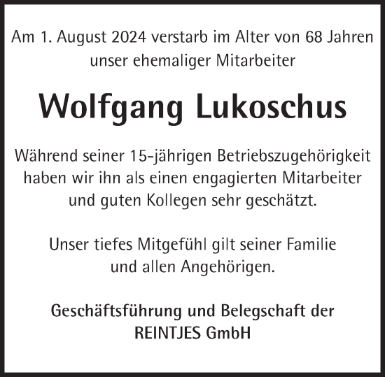 Traueranzeige von Wolfgang Lukoschus von Deister- und Weserzeitung