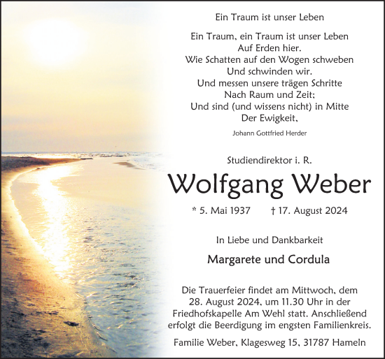 Traueranzeige von Wolfgang Weber von Deister- und Weserzeitung