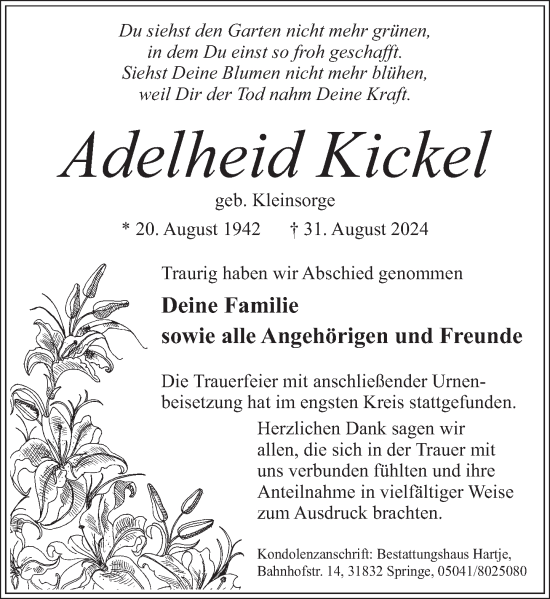 Traueranzeige von Adelheid Kickel von Neue Deister-Zeitung