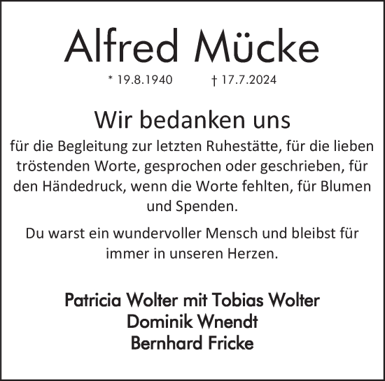 Traueranzeige von Alfred Mücke von Deister- und Weserzeitung