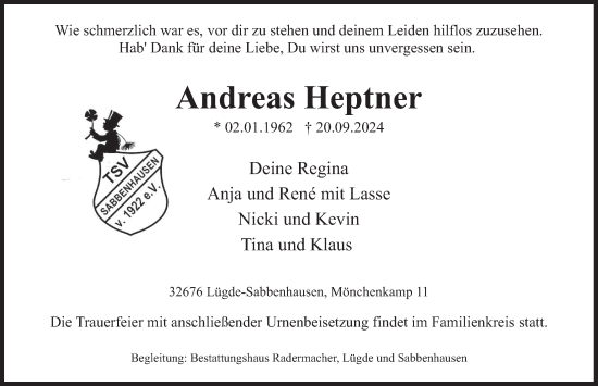 Traueranzeige von Andreas Heptner von Deister- und Weserzeitung