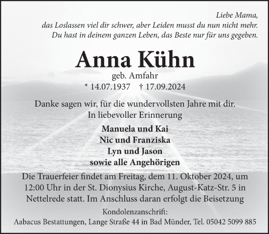 Traueranzeige von Anna Kühn von Neue Deister-Zeitung