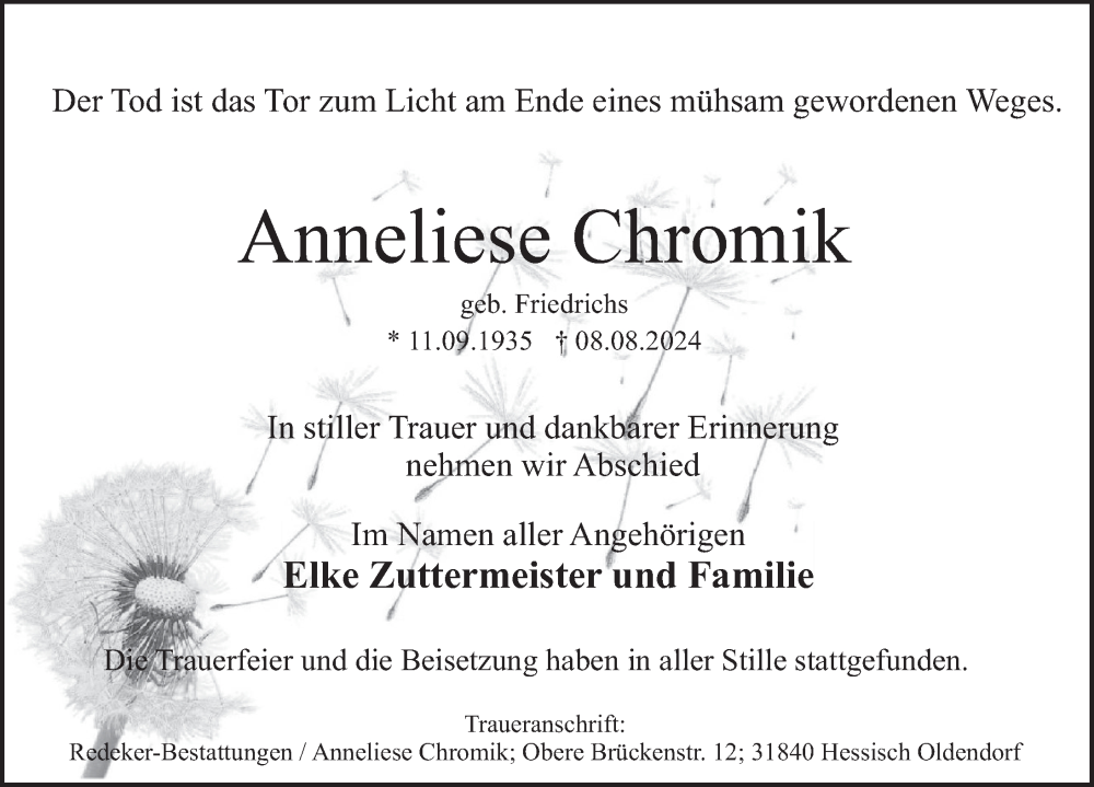  Traueranzeige für Anneliese Chromik vom 21.09.2024 aus Deister- und Weserzeitung