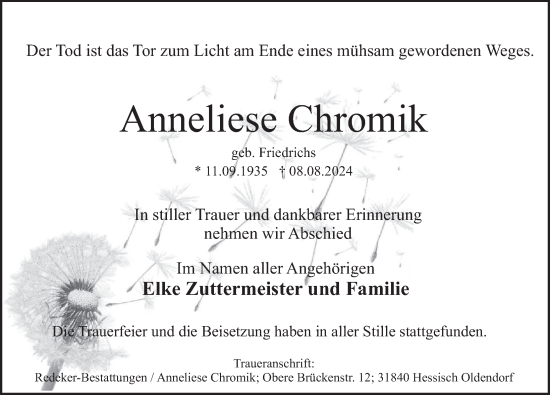 Traueranzeige von Anneliese Chromik von Deister- und Weserzeitung