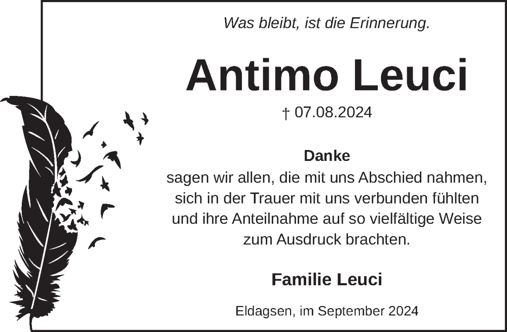  Traueranzeige für Antimo Leuci vom 21.09.2024 aus Neue Deister-Zeitung