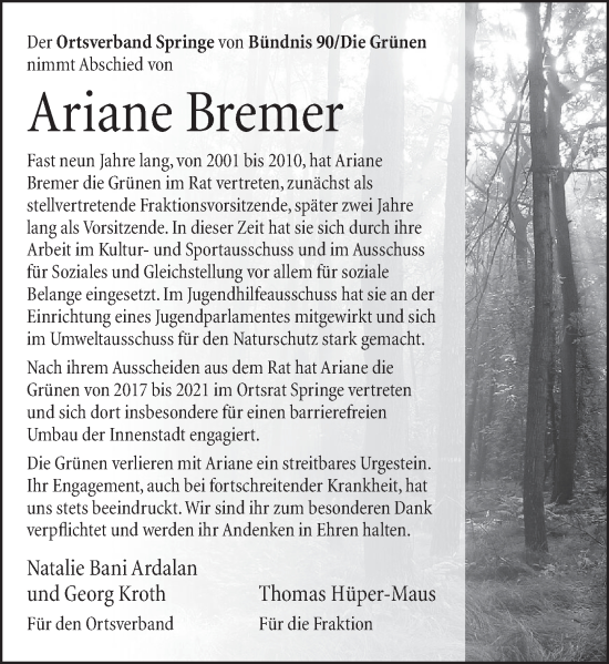 Traueranzeige von Ariane Bremer von Neue Deister-Zeitung