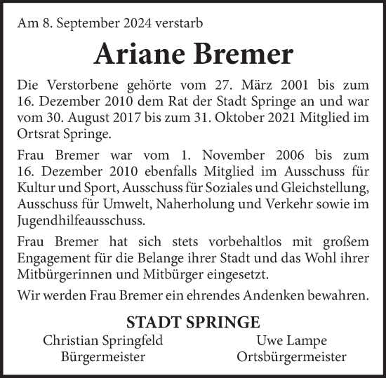 Traueranzeige von Ariane Bremer von Neue Deister-Zeitung