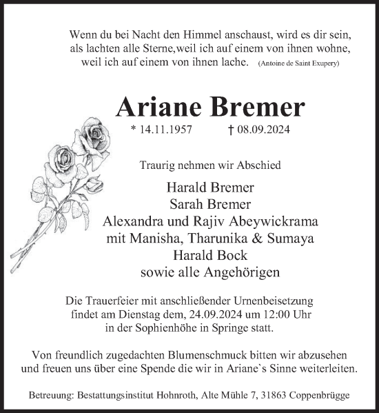 Traueranzeige von Ariane Bremer von Neue Deister-Zeitung