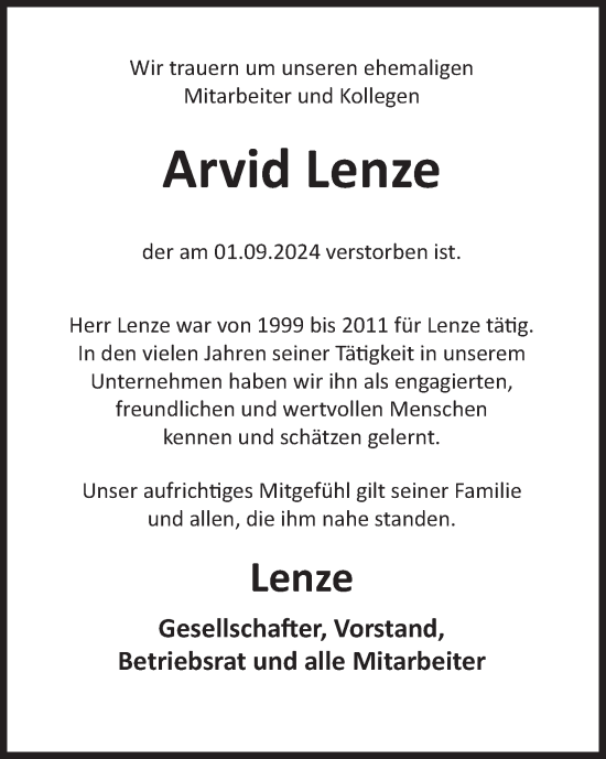 Traueranzeige von Arvid Lenze von Deister- und Weserzeitung