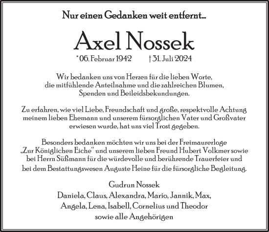 Traueranzeige von Axel Nossek von Deister- und Weserzeitung