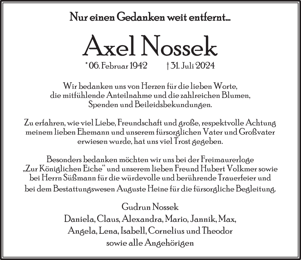  Traueranzeige für Axel Nossek vom 14.09.2024 aus Deister- und Weserzeitung