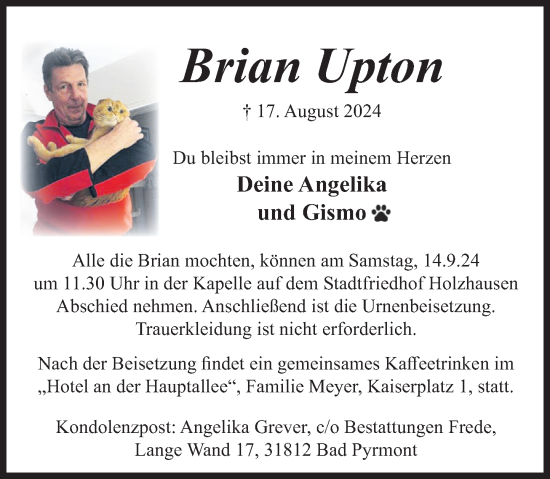 Traueranzeige von Brian Upton von Deister- und Weserzeitung