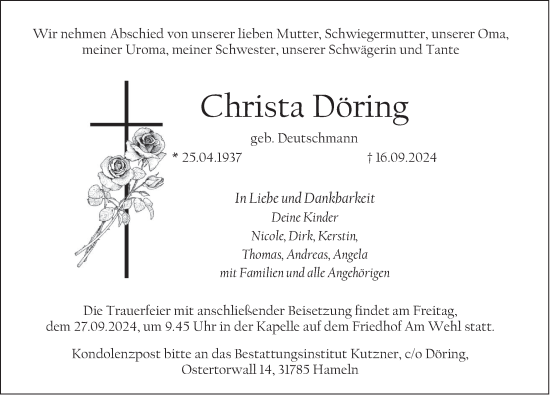 Traueranzeige von Christa Döring von Deister- und Weserzeitung