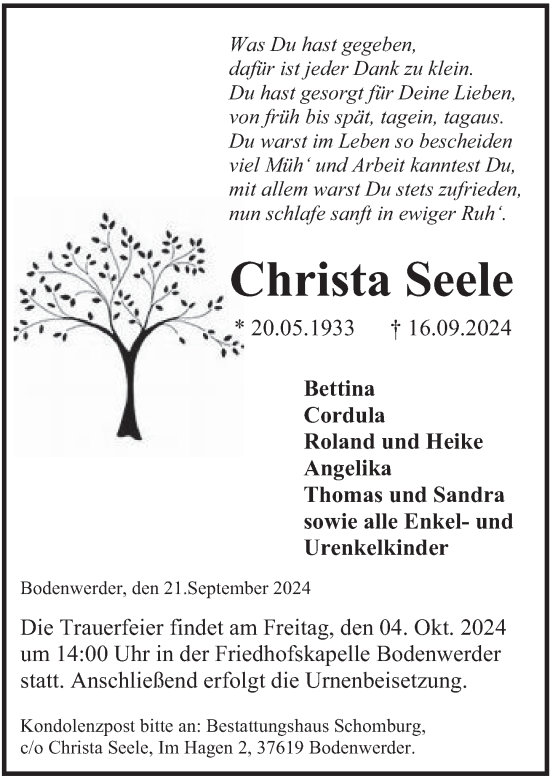 Traueranzeige von Christa Seele von Deister- und Weserzeitung