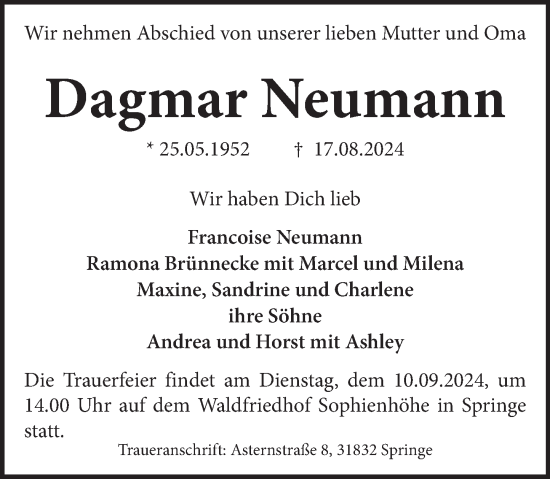 Traueranzeige von Dagmar Neumann von Neue Deister-Zeitung