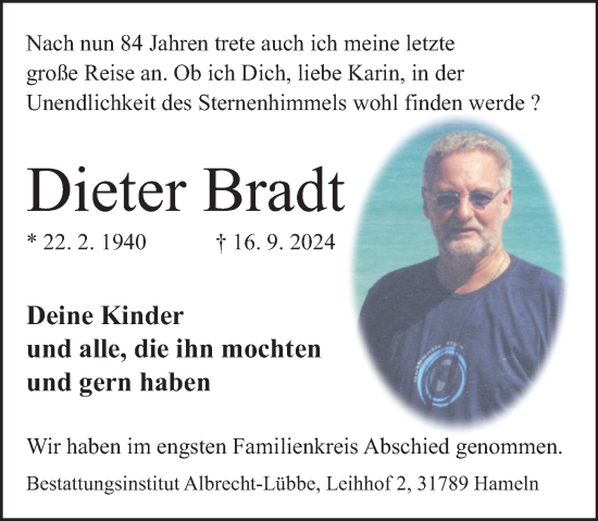 Traueranzeige von Dieter Bradt von Deister- und Weserzeitung