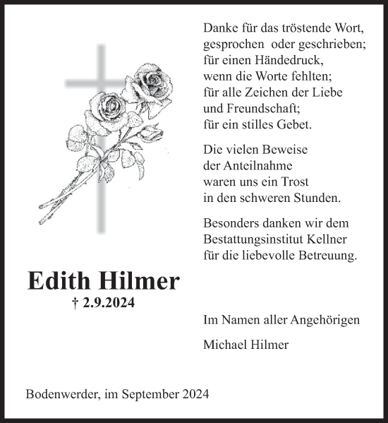 Traueranzeige von Edith Hilmer von Deister- und Weserzeitung