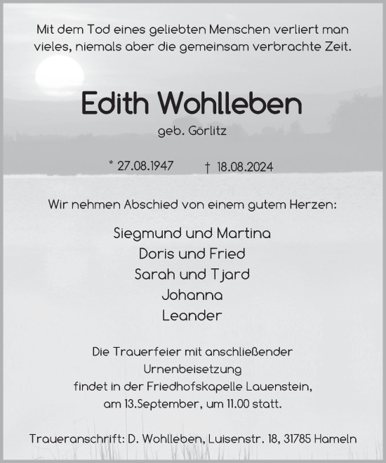 Traueranzeige von Edith Wohlleben von Deister- und Weserzeitung