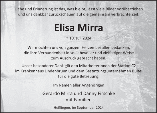 Traueranzeige von Elisa Mirra von Deister- und Weserzeitung