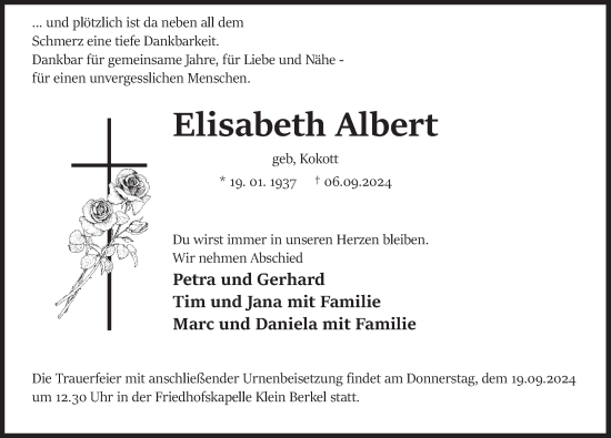 Traueranzeige von Elisabeth Albert von Deister- und Weserzeitung