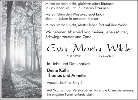 Traueranzeige von Eva Mavtia Wilde von Deister- und Weserzeitung