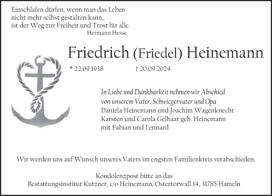 Traueranzeige von Friedrich Heinemann von Deister- und Weserzeitung