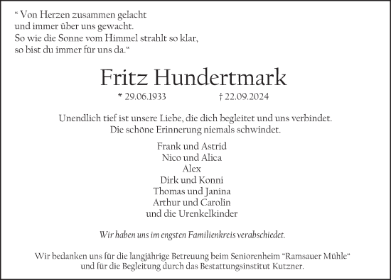 Traueranzeige von Fritz Hundertmark von Deister- und Weserzeitung