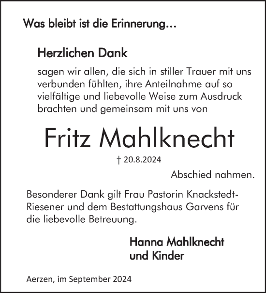 Traueranzeige von Fritz Mahlknecht von Deister- und Weserzeitung