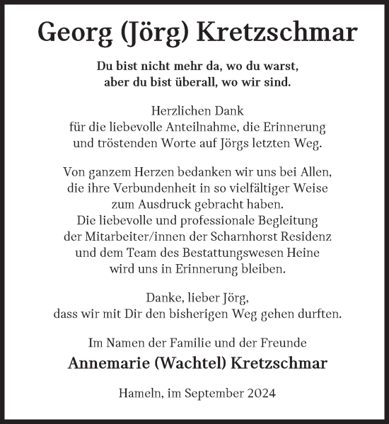 Traueranzeige von Georg Kretzschmar von Deister- und Weserzeitung