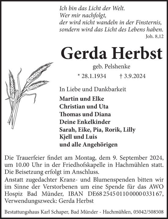 Traueranzeige von Gerda Herbst von Neue Deister-Zeitung