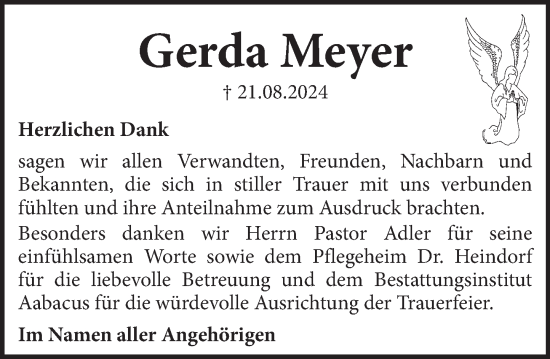 Traueranzeige von Gerda Meyer von Neue Deister-Zeitung