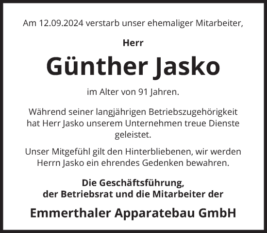 Traueranzeige von Günther Jasko von Deister- und Weserzeitung